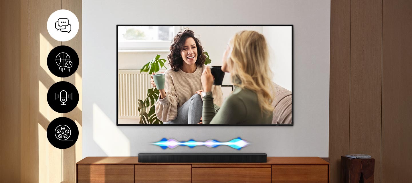 A TV cycles through different scenes, including a chat between two women, sports, news and a cinematic shot of a fisherman in a stormy sea. With each scene, a Samsung Soundbar plays a different level of volume, indicated by a fluctuating audio bar.