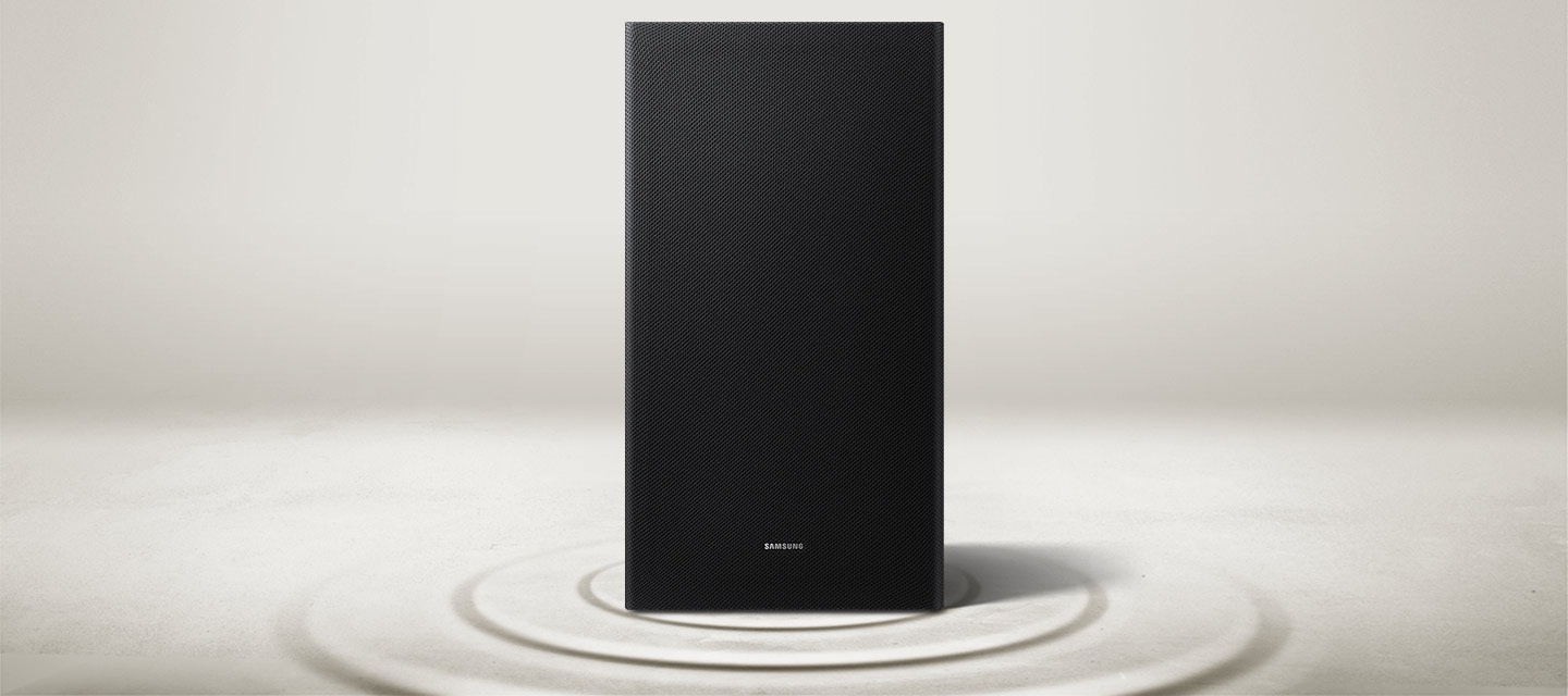 A Samsung subwoofer lets out powerful vibrations of bass that ripple throughout the floor.