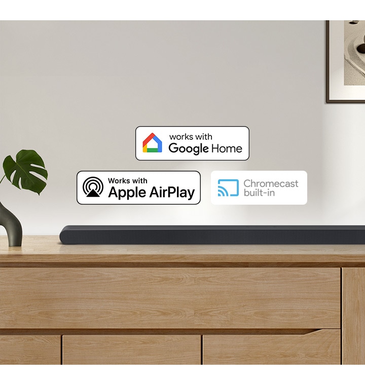 A Samsung Soundbar is accompanied by logos for Works with Google Home, Works with Apple AirPlay and Chromecast built-in.