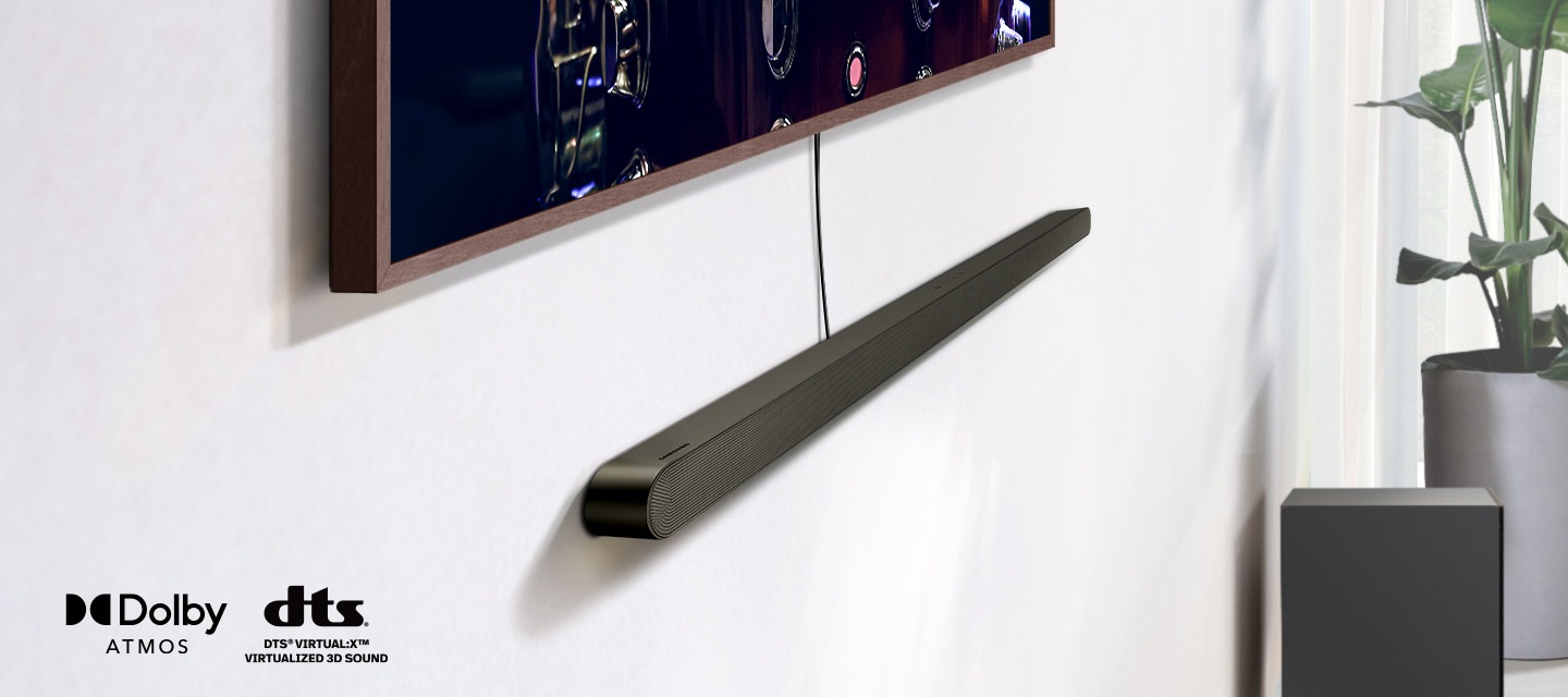 A close-up on an Ultra Slim Soundbar installed underneath a TV, along with the logos for Dolby Atmos and DTS Virtual:X. A Wi-Fi signal icon pops up near the Soundbar. The scene zooms out to reveal an entire living room. The Soundbar gives off a series of round sound waves.