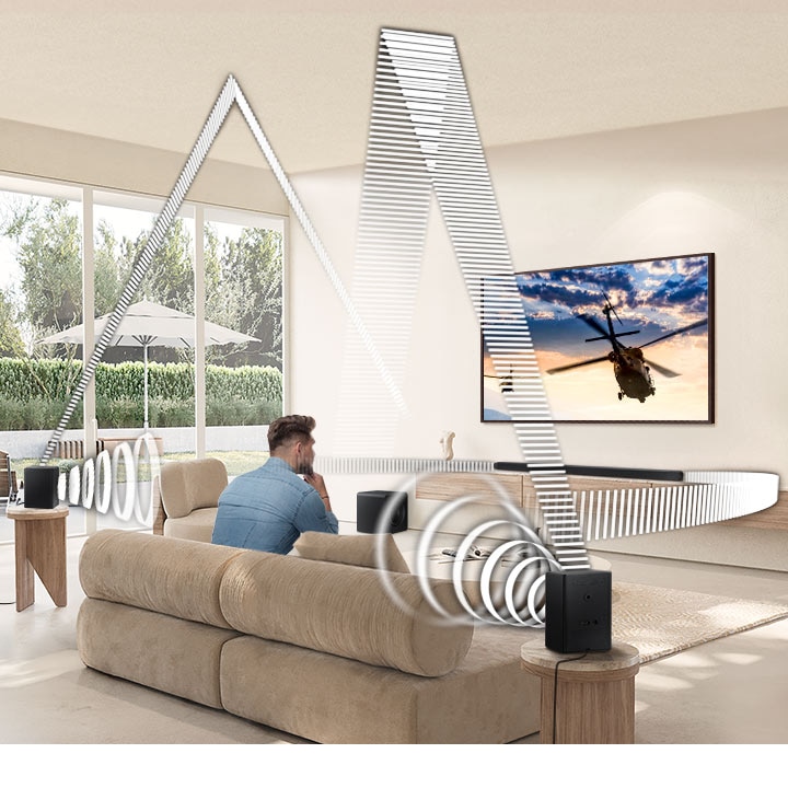 A man watches TV. A Soundbar and rear speakers give off sound waves of various types, traveling in different directions.