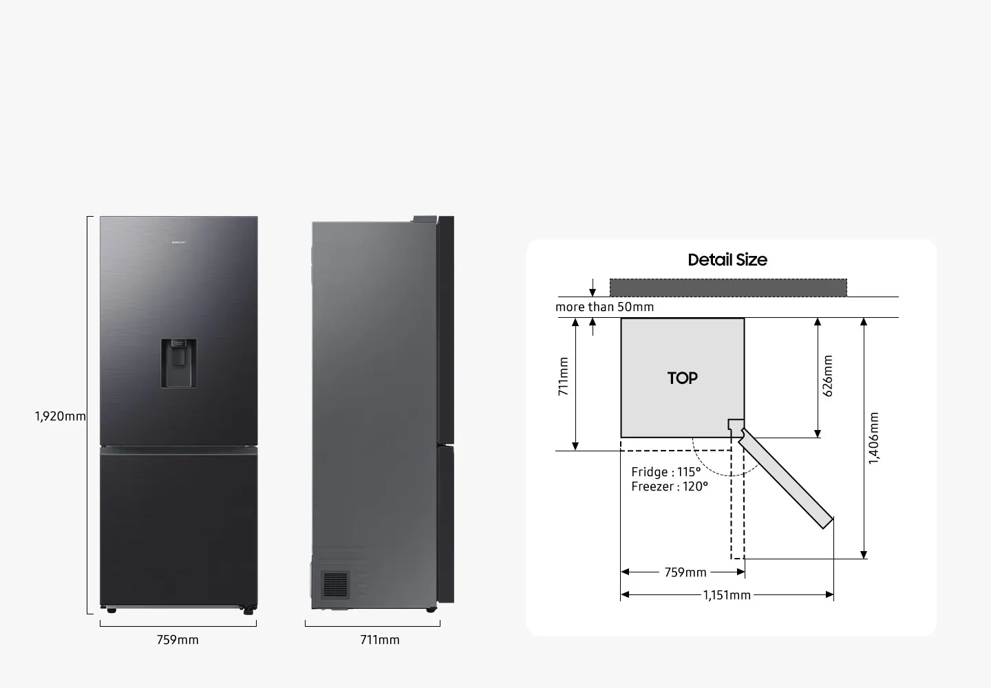 There are front and side views of RB6000D. The RB6000D is 1,920mm in height, 759mm in width, and 711mm in depth. Detailed sizes for installation are explained in the following TOP view. RB6000D must be placed more than 50mm away from the wall. The width of the product is 759mm, but when the door is opened, it is 1,151mm. The product depth is 626mm excluding the door and 1,406mm when the door is fully open at Fridge 115º and Freezer 120º. And the depth including the door is 711mm.