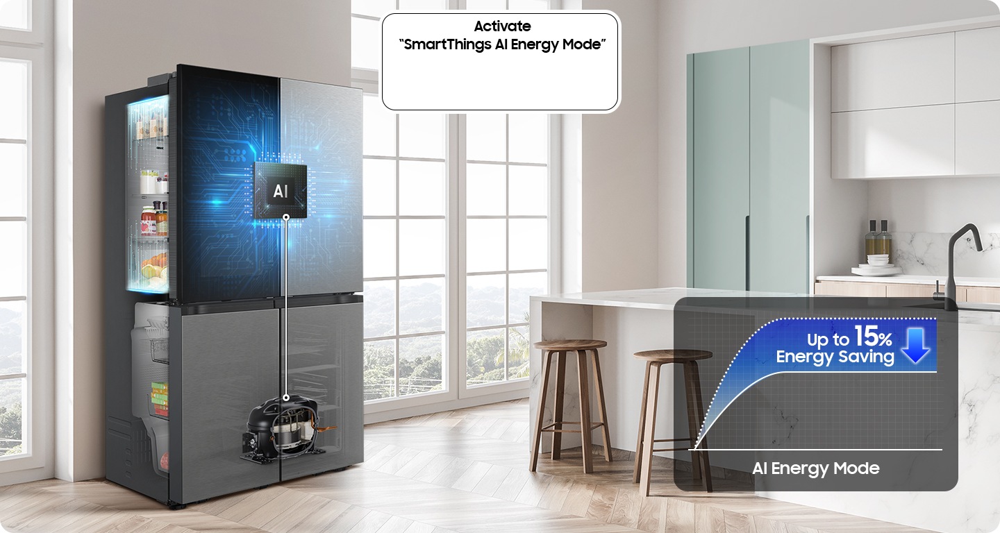 There is a Bespoke fridge in a sunlit kitchen with an AI processor. The toggle for 'Activate SmartThings AI Energy Mode' is on. AI Energy Mode's energy consumption graph indicates up to 10% energy savings.