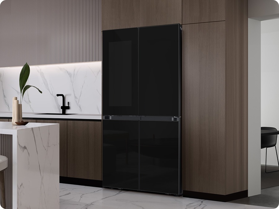 There is a Bespoke refrigerator with a See-Thru Door and Clean Black panels in a stylish kitchen.