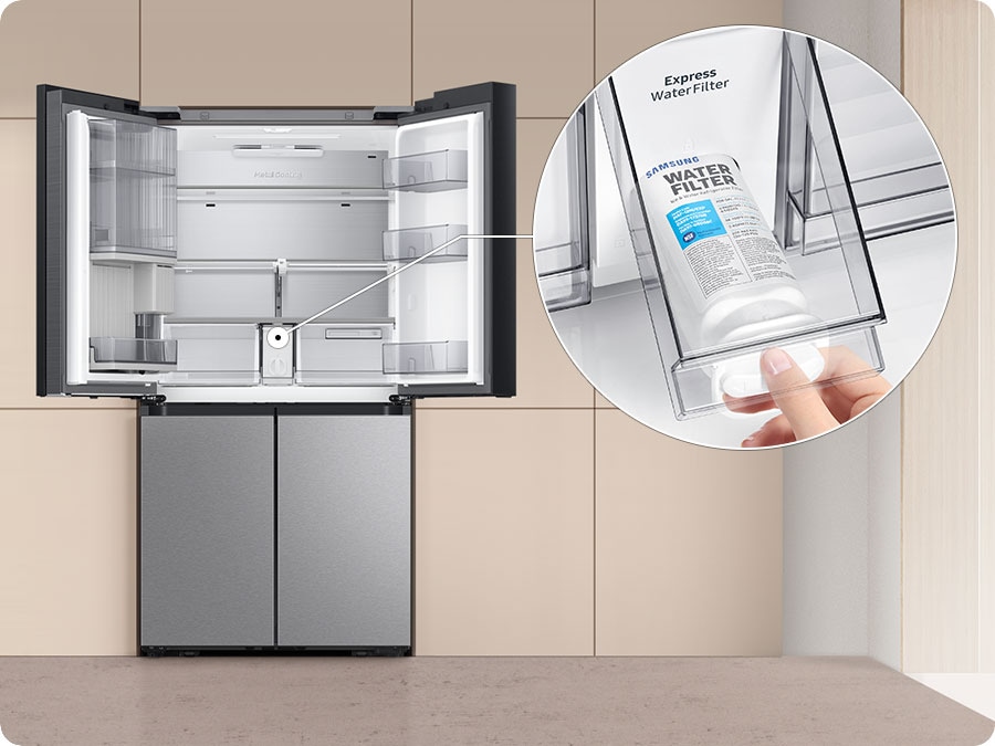The refrigerator doors are open. There is a closeup of the Express Water Filter in the center getting changed manually.