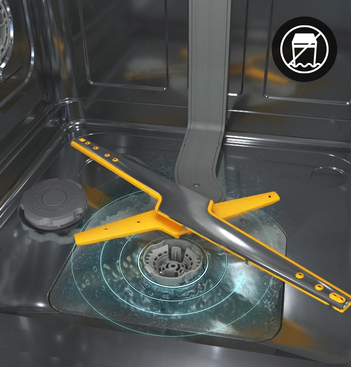 Shows the water drainage system inside the dishwasher to illustrate how Aqua Stop protects against leaks.