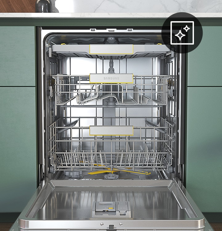 Shows the sparkling clean interior of the dishwasher after using the Machine Care function to remove dirt and odor-causing bacteria.