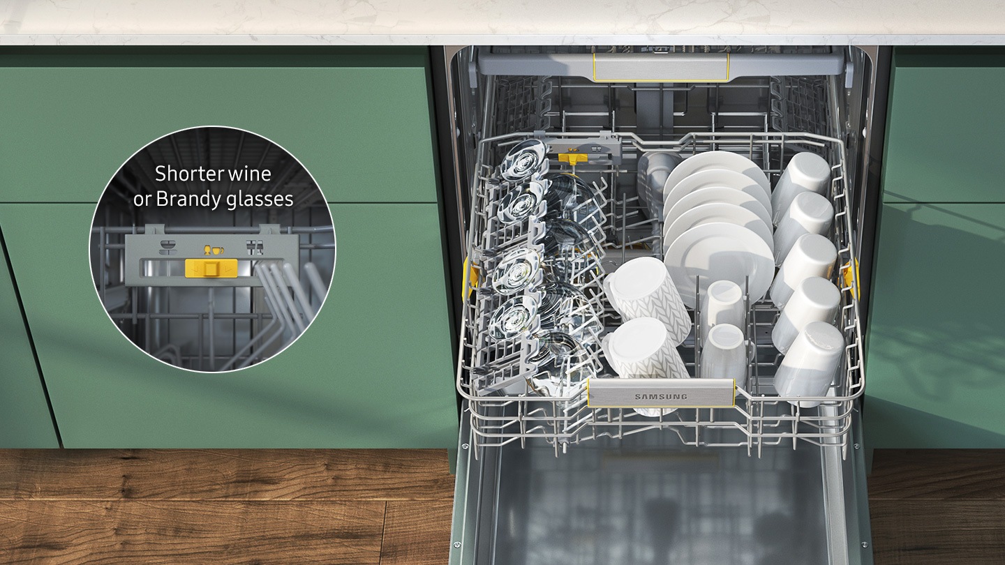 Shows the middle rack full of cups, plates and glasses. A close up of the switch at the back of the rack shows that its tines have been automatically adjusted to hold shorter wine or brandy glasses.