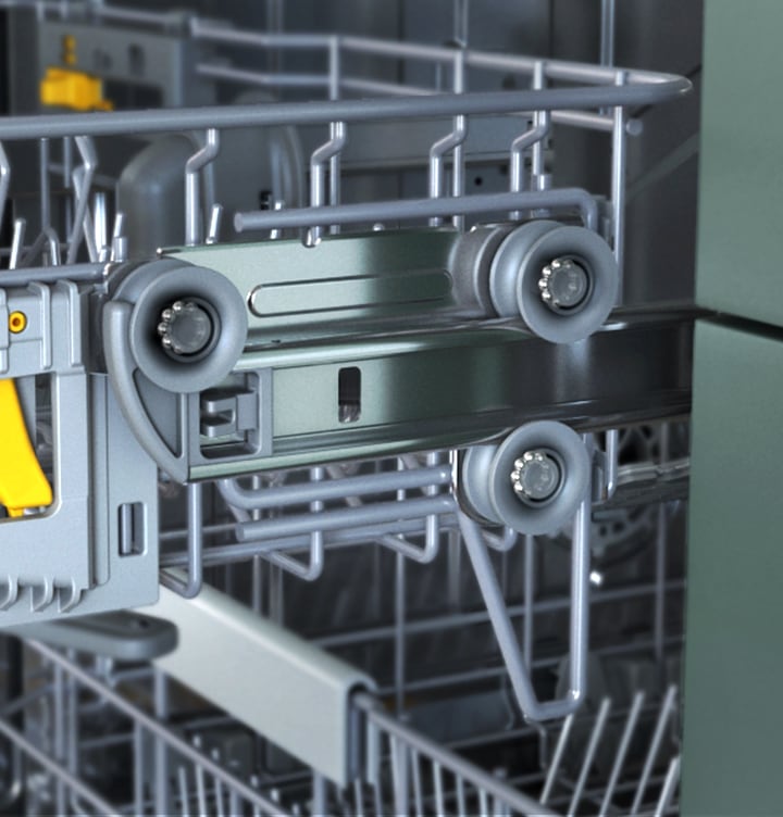 Shows a close up of the ball bearing wheels of the Soft Railing system, which create less friction, enabling each rack to slide in and out smoothly.