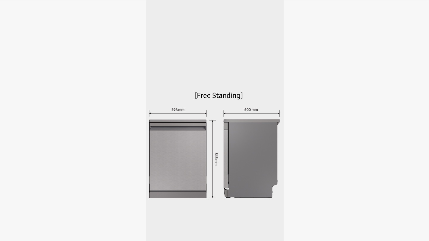 Shows the dimensions of the 3 types of dishwasher. Free Standing: height = 845mm, width = 598mm, depth = 600mm. Fully Built-in: height = 815-895mm, width = 595mm, depth (incl. door) = 552mm. Built Under: height = 815-860mm, width = 595mm, depth (incl. door) = 572mm.