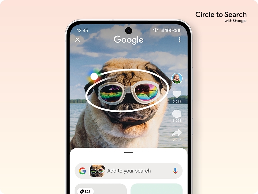 Circle to Search with Google logo. A Galaxy S24 FE screen shows a bulldog wearing sunglasses, with a circle gesture being drawn around the sunglasses for a Google search. Below the photo, search results for the same sunglasses are shown. A Google search bar is seen underneath.