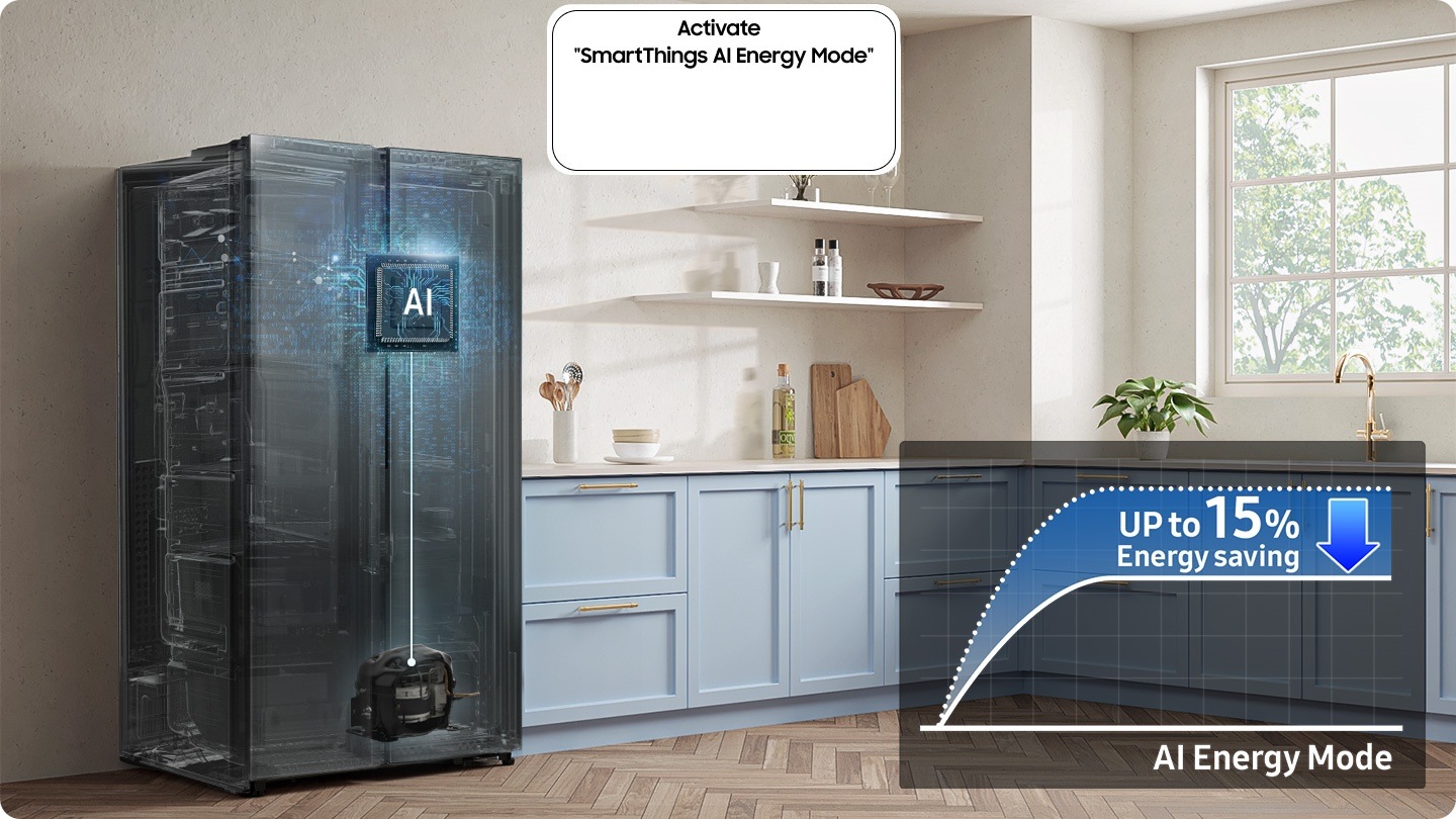 The refrigerator installed in the kitchen with the Activate “SmartThings AI Energy Mode” button ON. The AI Energy Mode is turned on, AI activated to check internal and manage the compressor, and a graph shows the UP to 10% Energy Saving effect when in AI Energy Mode compared to Normal mode.