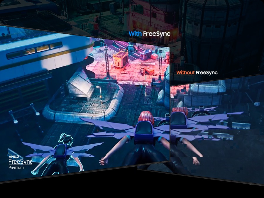 With FreeSync, the fantasy game on screen is clearly shown. Without FreeSync, the screen is torn. AMD FreeSync Premium.