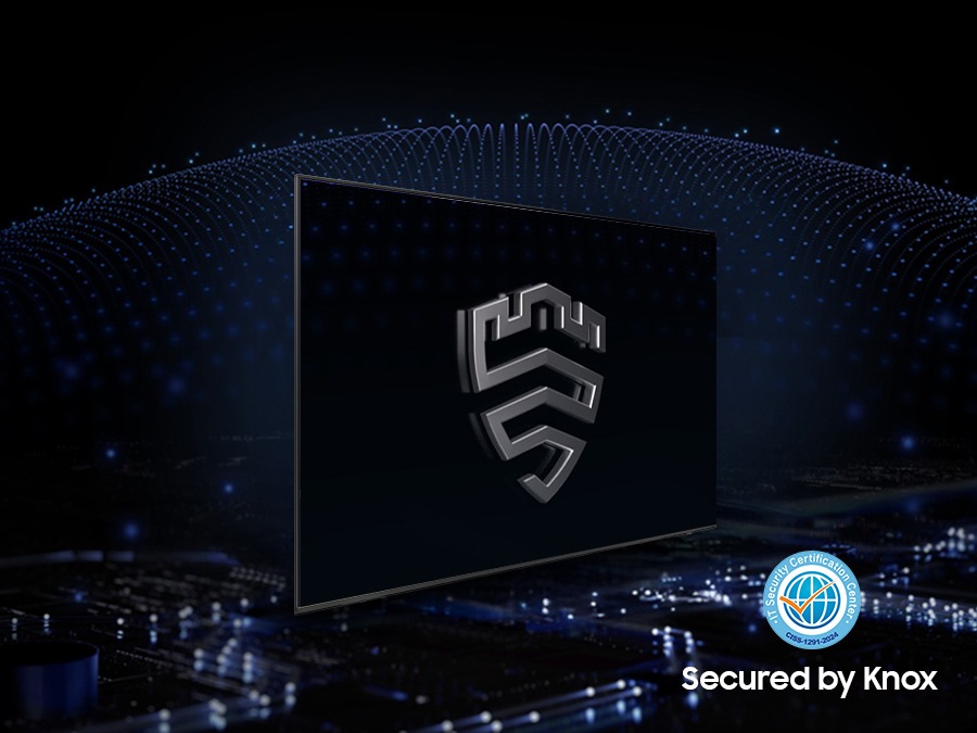 A multi-layered security solution is creating a dome-like enclosure behind a TV that's secured by Knox. The screen features the Samsung Knox emblem. The text Your privacy. Secured. Only on Samsung TV is on display on top.