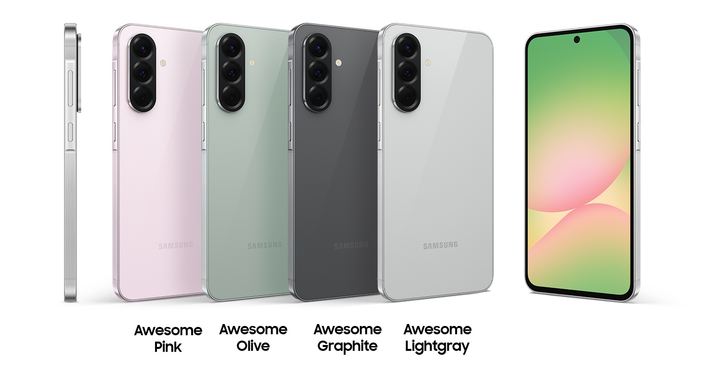 Six Galaxy A56 5G devices. The one in the far left is in side view to indicate the slim thickness of Galaxy A56 5G. The next four devices are in the same tilted rear view with each matching color name Awesome Pink, Awesome Olive, Awesome Graphite, Awesome Lightgray underneath. On the very right is a Galaxy A56 5G in a slightly tilted front view with an abstract graphic onscreen.