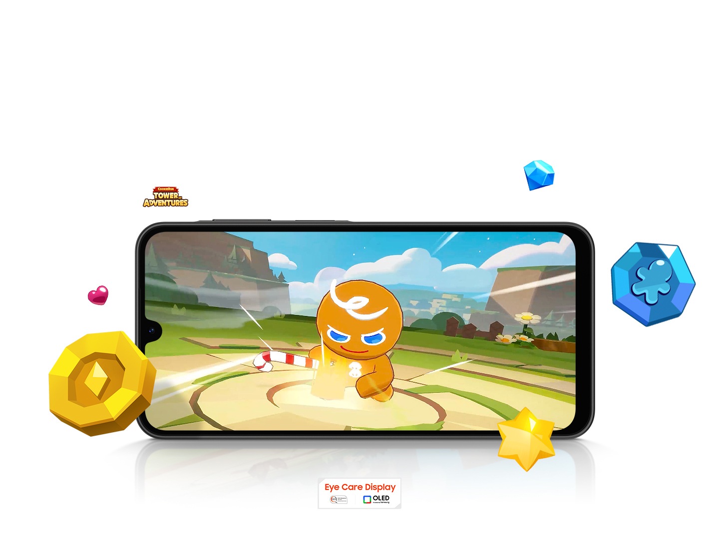 A Galaxy A26 5G device running the mobile game Cookie Run in landscape mode. Game items are scattered around the screen. Nearby are the COOKIE RUN TOWER OF ADVENTURES logo and the Eye Care Display and OLED technology logo.