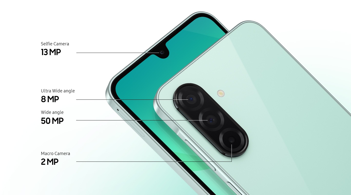 Two Galaxy A26 5G devices. The one on the left is viewed from the front, highlighting the 13MP Selfie Camera. The one on the right is viewed from the back, showcasing the 8MP Ultra Wide angle, 50MP Wide angle and 2MP Macro Camera.