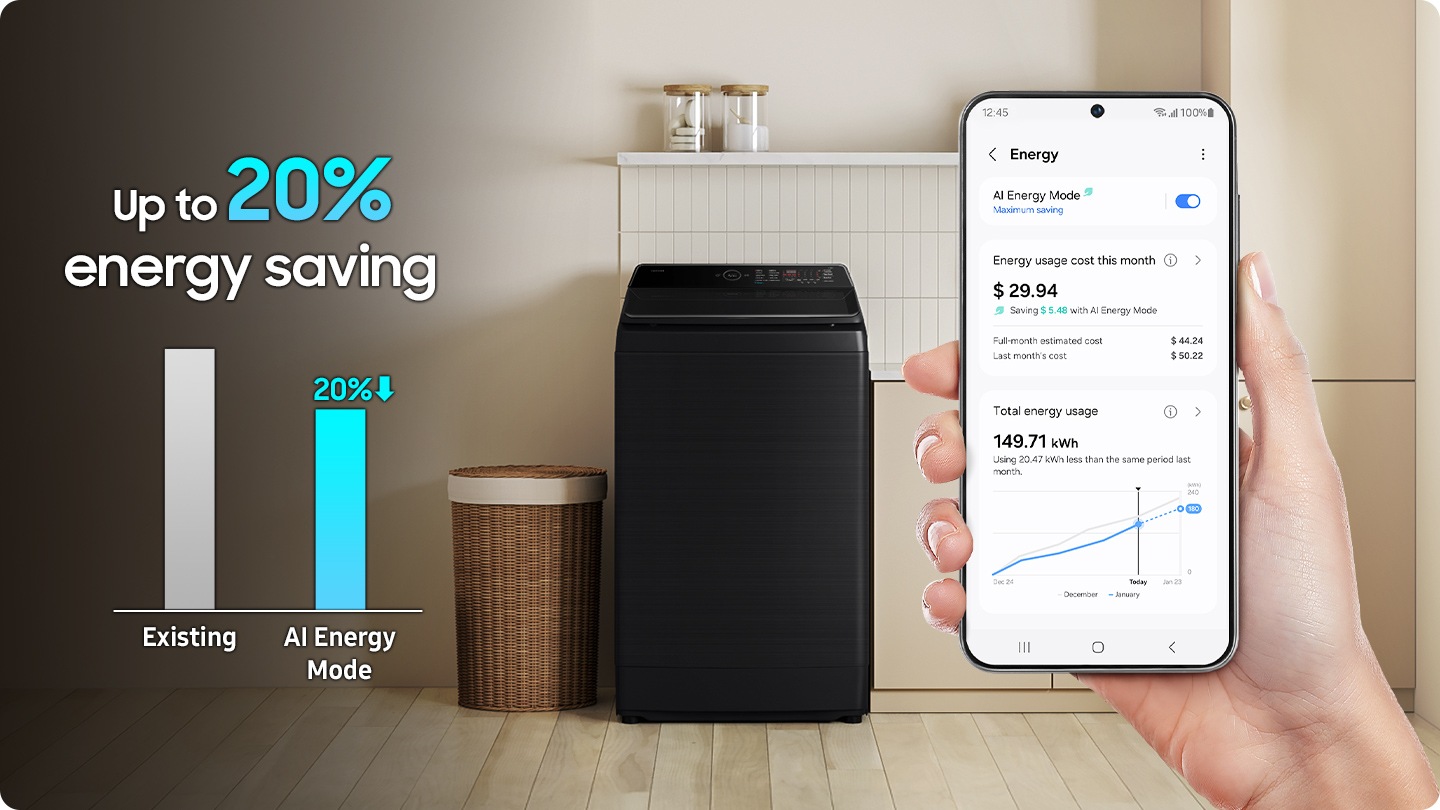 AI Energy Mode. Reduce energy consumption. A person is using the SmartThings app on their smartphone and AI Energy Mode is activated. It simply connects and easily control your devices with SmartThings. It controls the motor efficiently through algorithm optimization. The transparent washing machine shows that laundry is being washed in the drum. AI Energy Mode saves up to 20% of energy than existing.