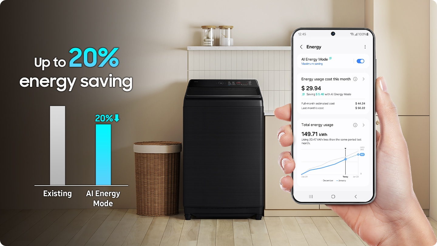 AI Energy Mode. Reduce energy consumption. A person is using the SmartThings app on their smartphone and AI Energy Mode is activated. It simply connects and easily control your devices with SmartThings. It controls the motor efficiently through algorithm optimization. The transparent washing machine shows that laundry is being washed in the drum. AI Energy Mode saves up to 20% of energy than existing.