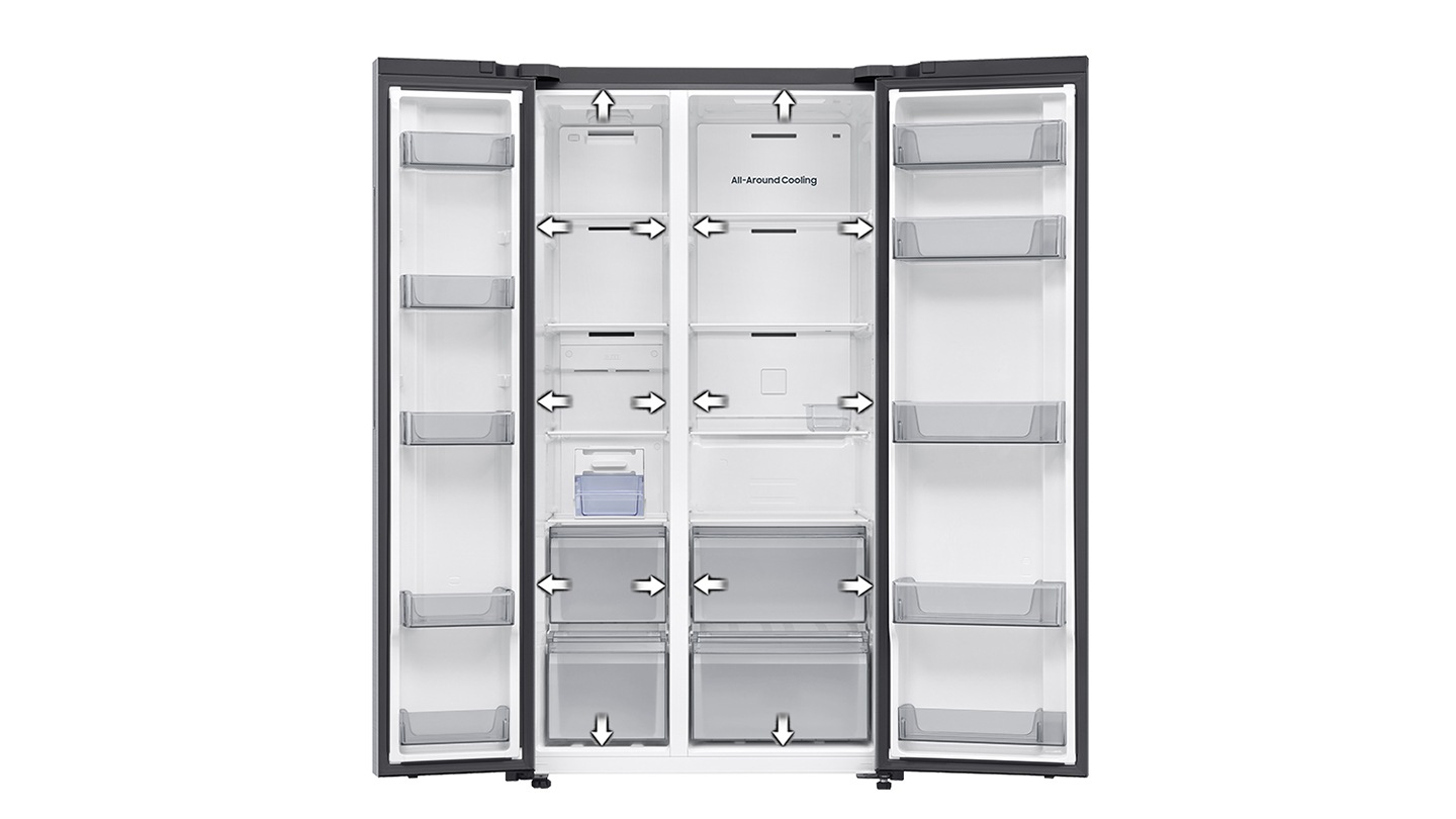 The arrows indicate that the refrigerator has more storage space than before. SpaceMax™ technology allows you to store more food.