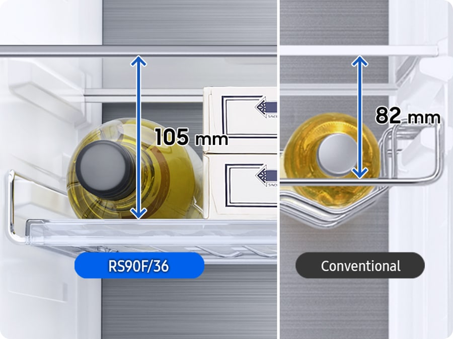 Compared to the 82mm high conventional model, RS90F/36’s 105mm Wine Shelf allows storing larger bottles and food.