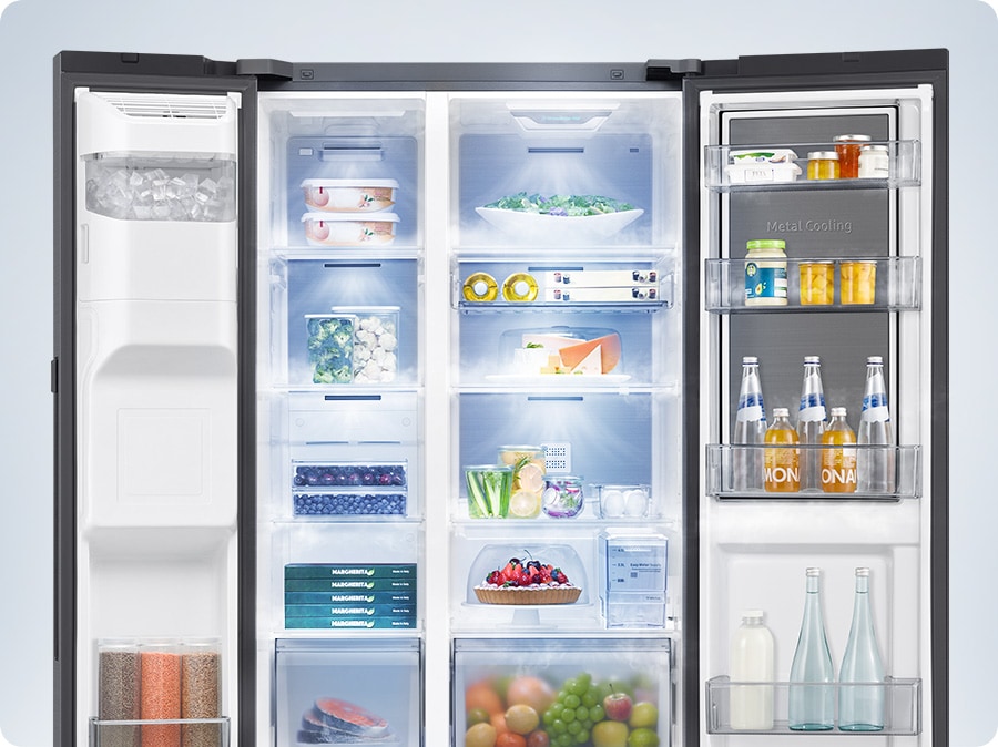 A refrigerator filled with various foods is open. Cool air comes out through vents in each compartment to maintain the optimum temperature for the food to stay fresh.