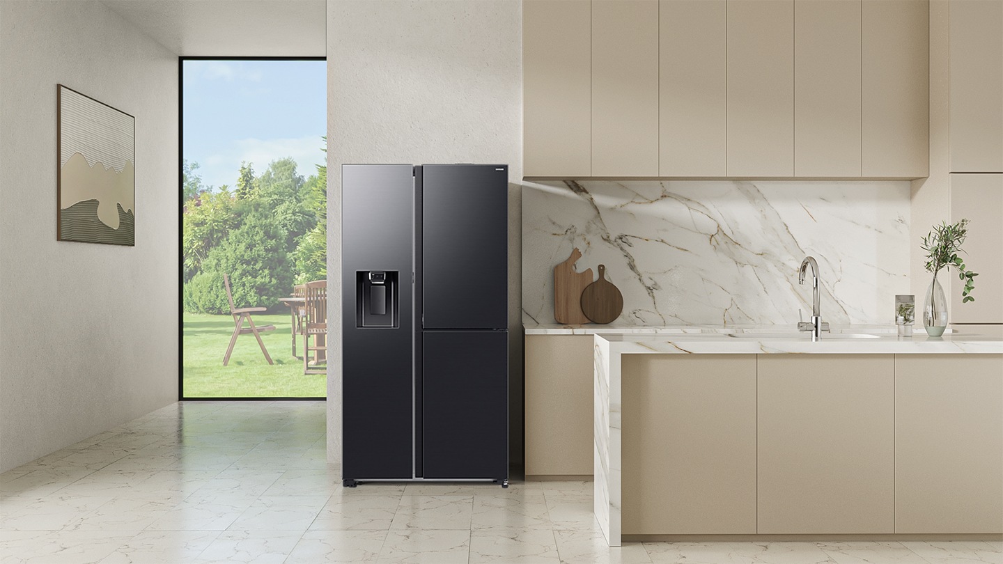 The refrigerator is installed in the modern Kitchen.