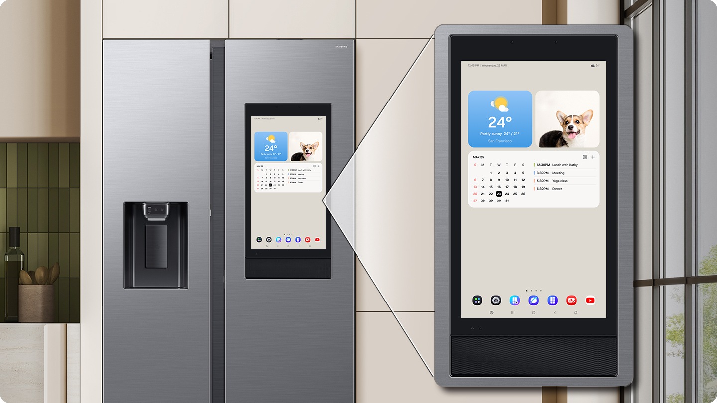 Close-up of the Family Hub screen in the refrigerator. The Family Hub screen lets you check food recipes, share photos and messages, enjoy entertainment, and seamlessly control your smart device. You can also check your schedule.
