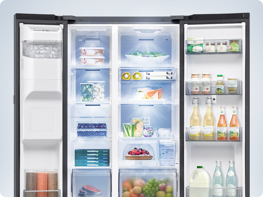 A refrigerator filled with various foods is open. Cool air comes out through vents in each compartment to maintain the optimum temperature for the food to stay fresh.