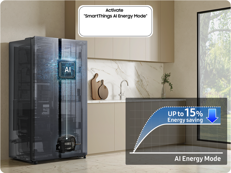 The refrigerator installed in the kitchen with the Activate “SmartThings AI Energy Mode” button ON. The AI Energy Mode is turned on, AI activated to check internal and manage the compressor, and a graph shows the UP to 10% Energy Saving effect when in AI Energy Mode compared to Normal mode.