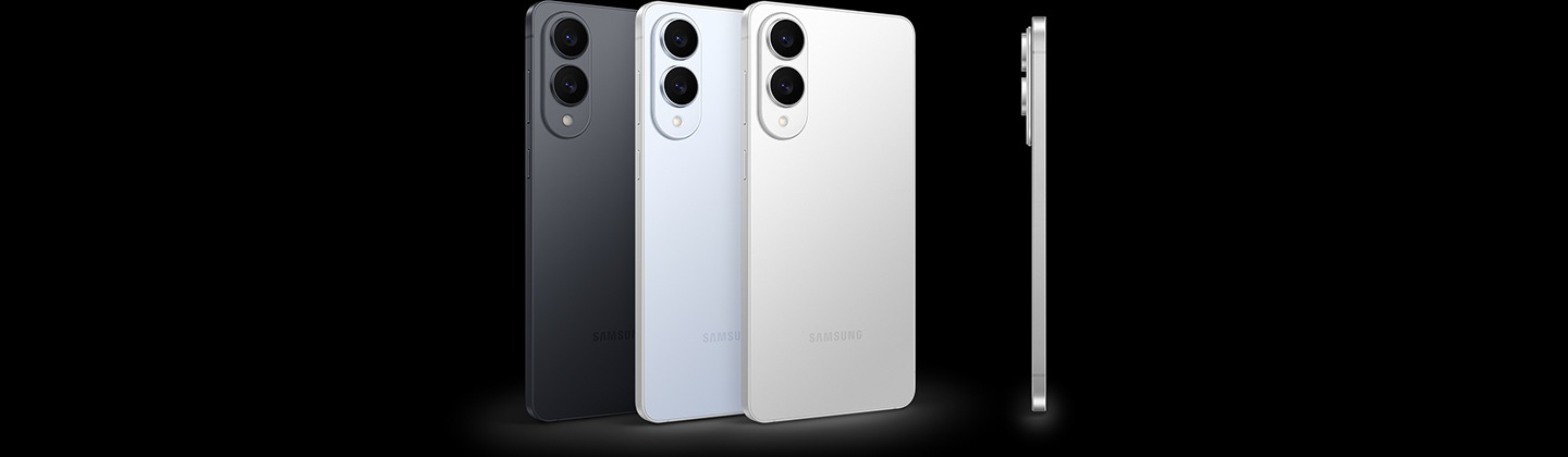 Three Galaxy S25 Edge phones, standing seen from the rear, in Titanium Jetblack, Titanium Icyblue and Titanium Silver. One Galaxy S25 Edge phone in Titanium Silver is standing, seen from the side.