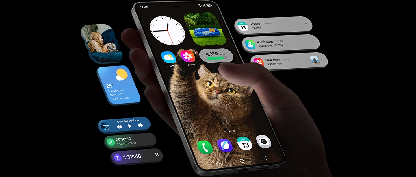 Galaxy S25 Edge is seen with various widgets on the Home screen. The device is flanked by other widgets and notifications. To the left are gallery widget, weather widget and music, exercise and timer Now Bar alerts. To the right, notifications can be seen.