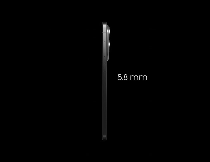 Galaxy S25 Edge in Titanium Silver seen from the power button side to show its slim form factor. 5.8 mm