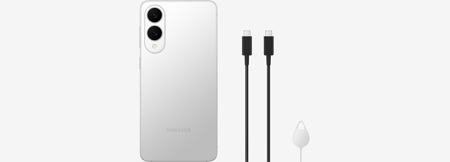 Galaxy S25 Edge in Titanium Silver, seen from the rear, next to a USB-C cable and SIM card ejection pin.