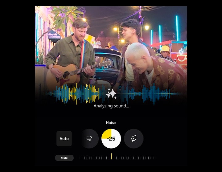 Footage of subjects is seen with soundwaves across the middle. In Audio Eraser, selected unwanted noise can be reduced from 0 to minus 100. Noise is reduced to minus 25.