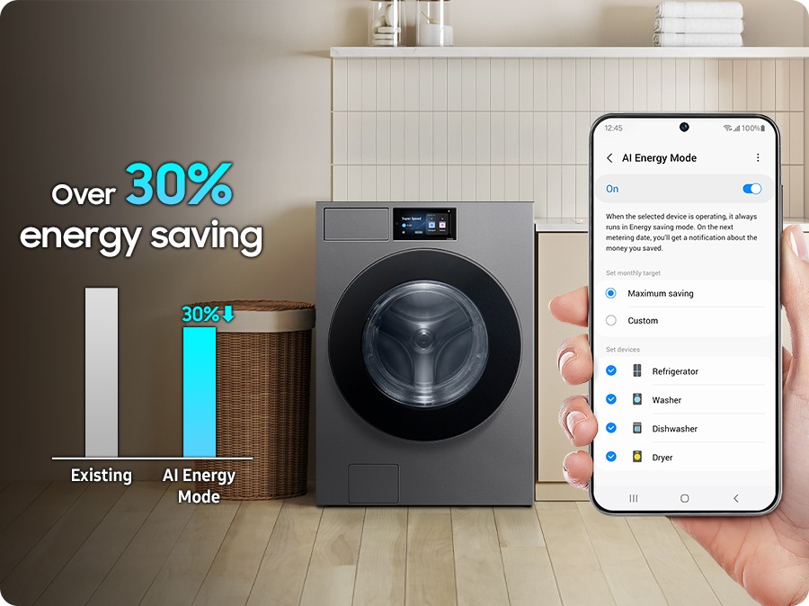 AI ​​Energy Mode is activated by checking the mode button to 'On' and selecting the device you want to run on Smartphone. It does energy saving over 30% in washing cycle more than existing.