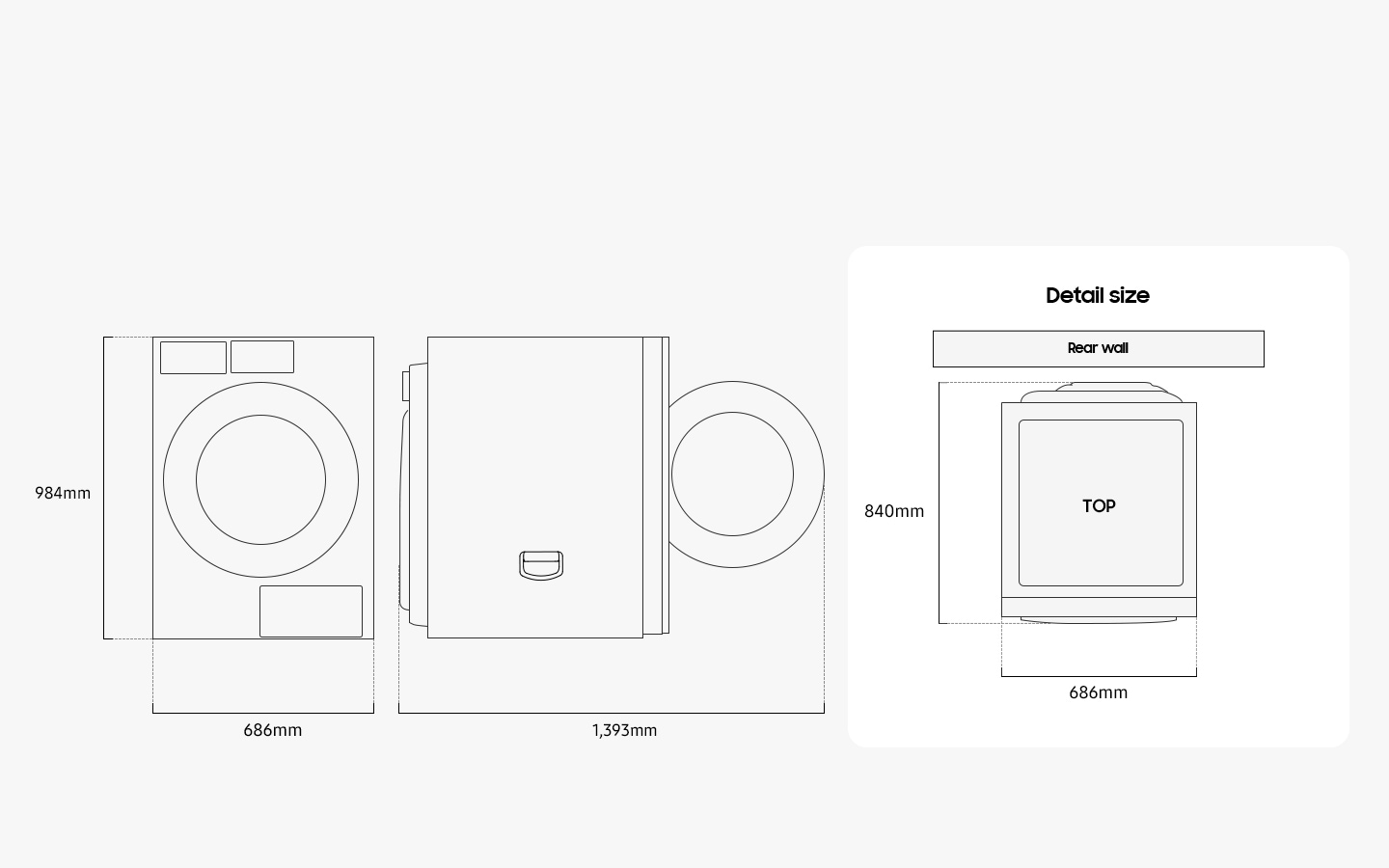 Illustration shows the Dryer dimensions from the front, side, and top. Detail size is measured 686mm in width, 984mm in height, and 840mm in depth. When the door in the front is opened, it measures 1,393mm in total width. The dryer must be installed with some spacing from the rear wall.