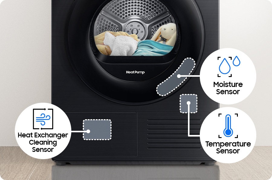 DV5000C dryer features moisture sensor, temperature sensor and heat exchanger cleaning sensor.