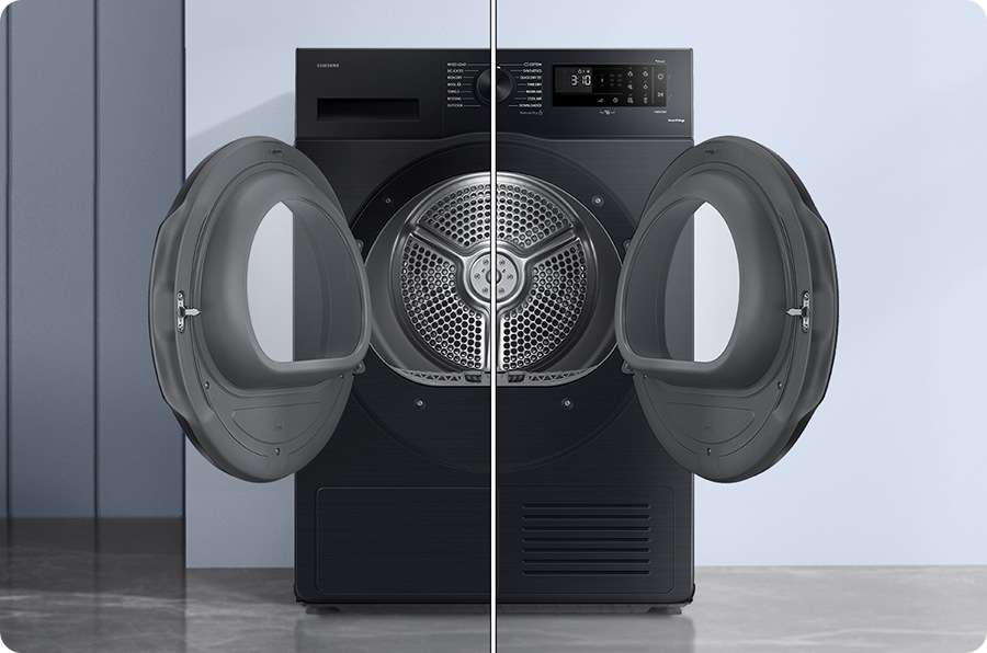 The dryer with doors opened to both sides shows the reversible feature at a glance.