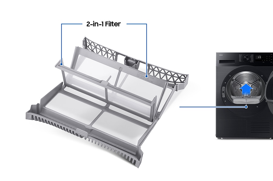 In the bottom of the DV5000C's drum, there is 2-in-1 filter equipped.