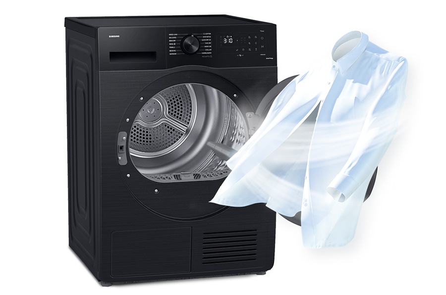 The door of the DV5000C is open and air stream graphic is surrounding shirts.