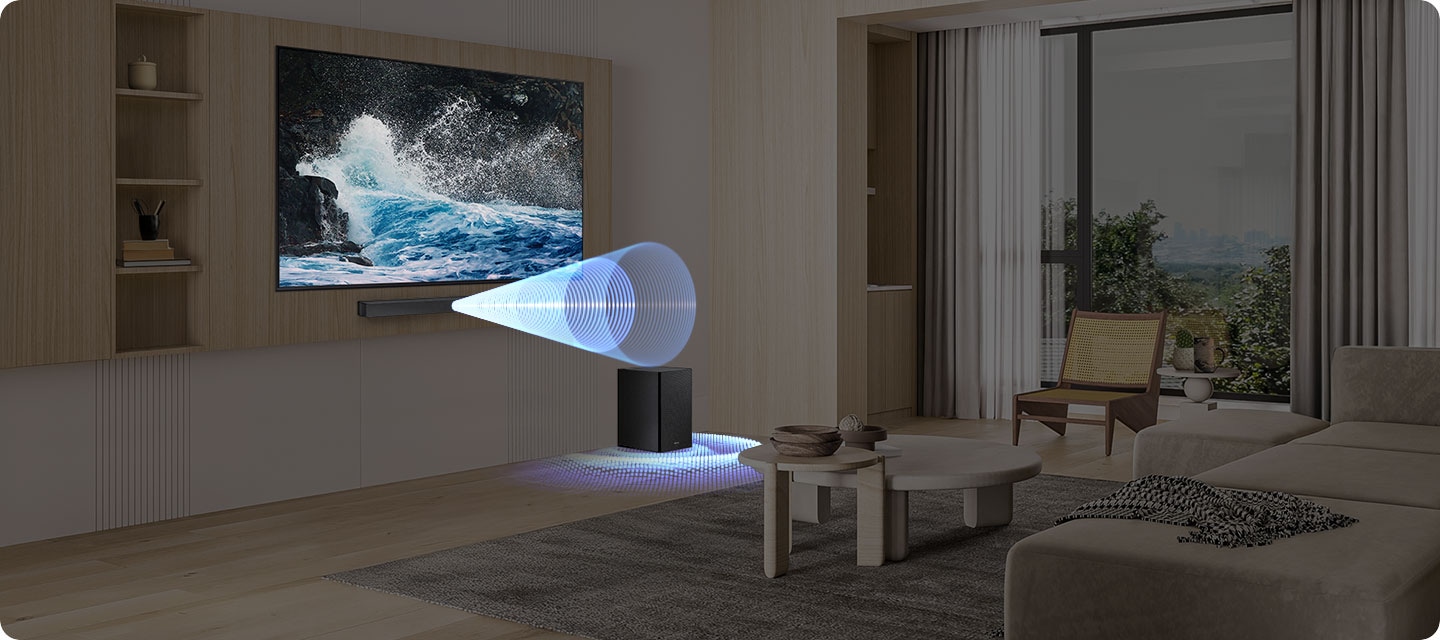 Living room setting with a TV and full B650F setup. Sound waves emanate from the front of the soundbar placed under the TV and from below the subwoofer on the floor.