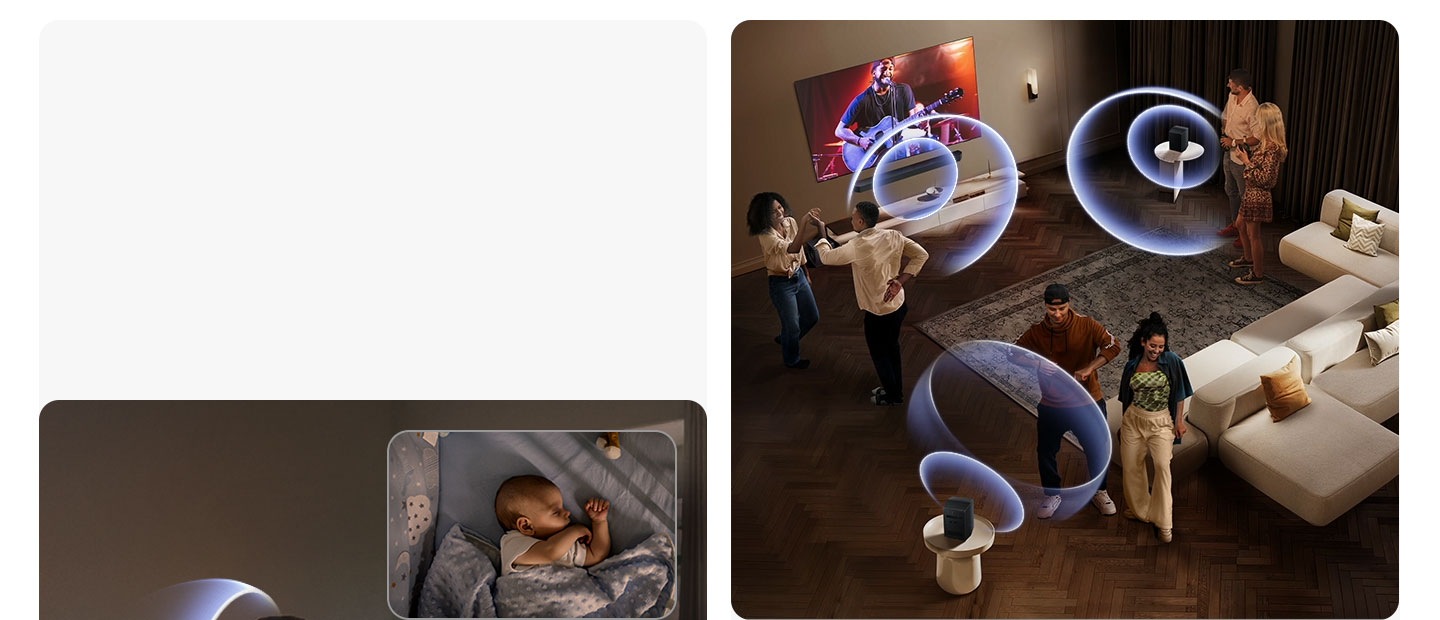 Couple sitting on sofa receive sound waves from rear speakers placed around them. In another space, a baby sleeps in a crib.