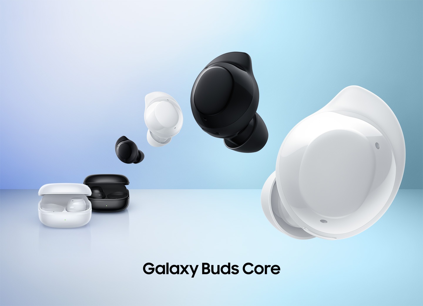 The white Galaxy Buds Core charging case is in front of the black Galaxy Buds Core charging case. Overhead are four Galaxy Buds Core earbuds arranged in alternating black and white colors in the following order black, white, black, white.