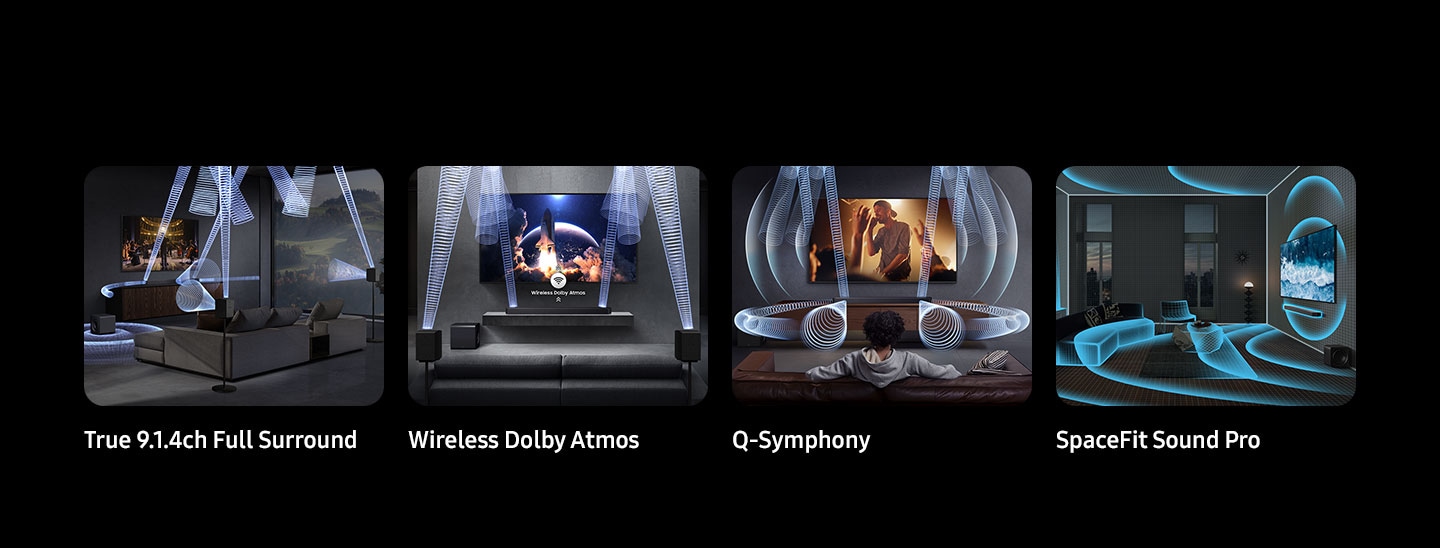 True 9.1.4ch Full Surround, Wireless Dolby Atmos, Q-Symphony, SpaceFit Sound Pro are shown as the key features for Q930F.