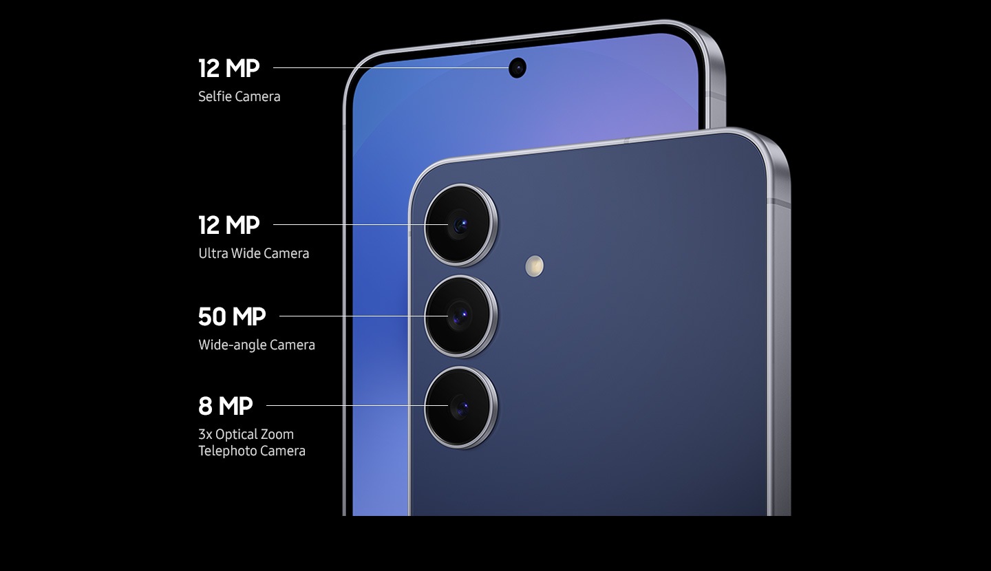 Two Samsung Galaxy S25 FE devices, one in front of the other, emphasizing their camera specs. Front phone features a 12 MP Ultra Wide Camera, a 50 MP Wide-angle Camera, and an 8 MP 3x Optical Zoom Telephoto Camera. The phone in the background displays a single front-facing 12 MP Selfie Camera.