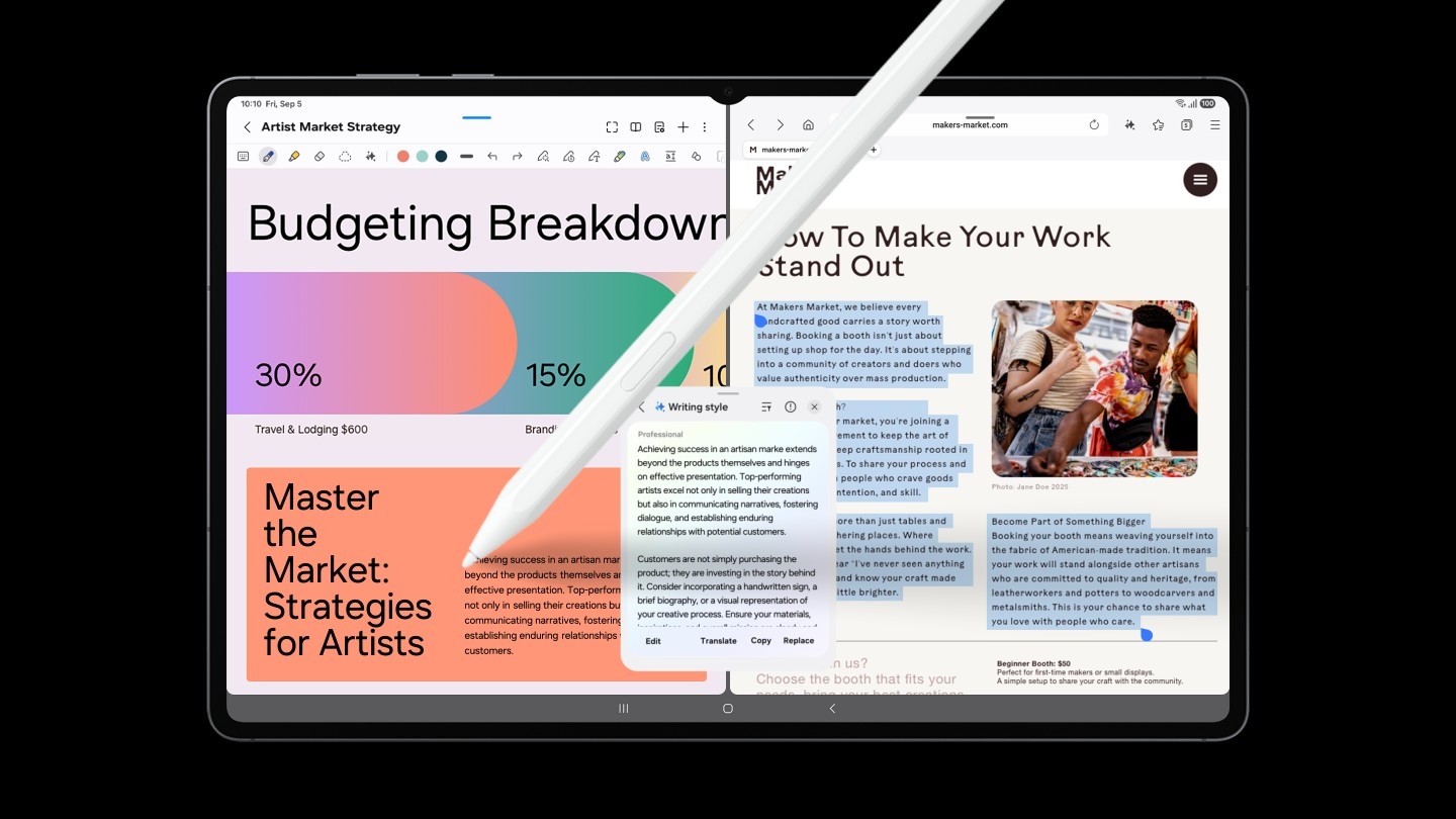 Galaxy Tab S11 Ultra is shown in split view with a webpage open on the right. A section of text on the webpage is highlighted with a pop-up menu open. An S Pen selects Writing style instantly transforming the text into a professional tone. The S Pen copies the first paragraph of the AI-generated text, drags and drops it into Samsung Notes app open on the left side of the screen.