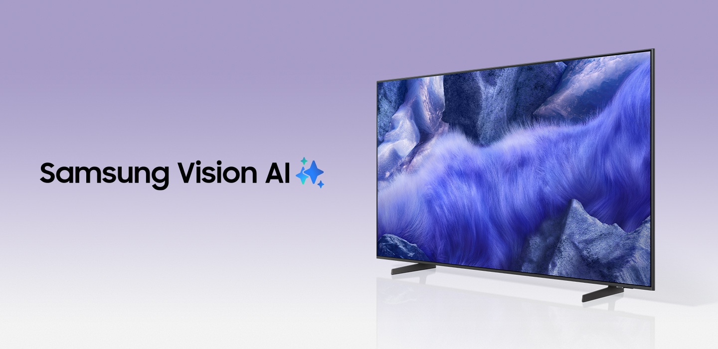 A TV has a fantasy landscape of vivid blue grass appear on screen. Samsung Vision AI logo.