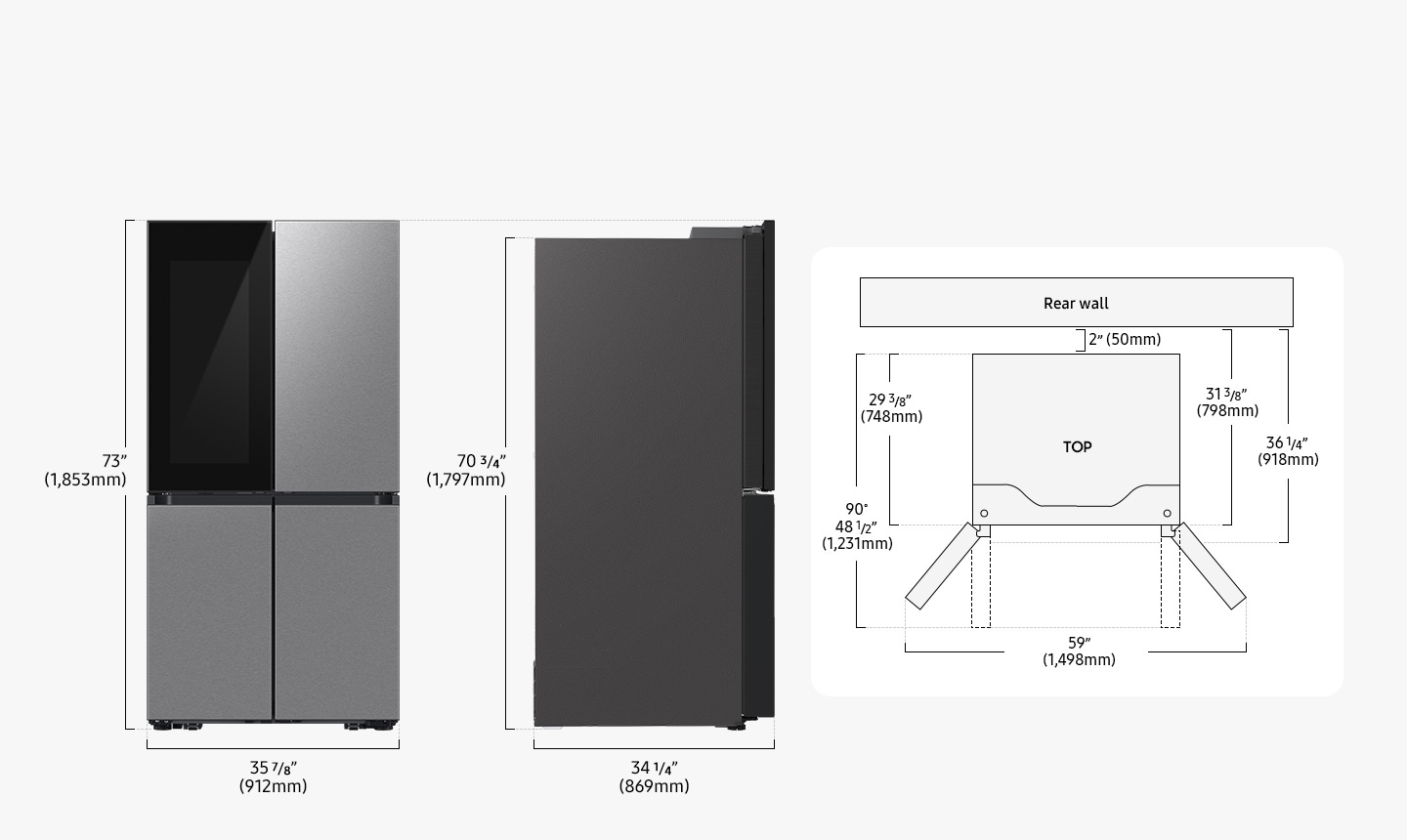 Size measurements: Height 73 inches(1,853mm), width 35 7/8 inches(912mm), height without hinge 70 3/4 inches(1,797mm), depth 28 3/4 inches(731mm). Detailed sizes for installation are explained in the following TOP view. Depth with doors open at 90º 43 inches(1,093mm), depth without doors 24 inches(610mm), install depth 30 3/4 inches(781mm), install depth without doors 26 inches(660mm), width with doors open 59 inches(1,498mm), distance from the rear wall 2 inches(50mm).