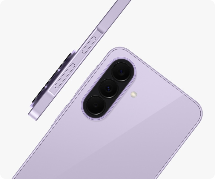 Galaxy A37 5G in Awesome Lavender is seen at an angle from the back, highlighting the camera bump with the Triple Camera. Another Galaxy A37 5G in Awesome Lavender is shown from the side view, highlighting the slim design.